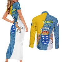 Canary Islands Flag Couples Matching Short Sleeve Bodycon Dress and Long Sleeve Button Shirt Autonomous Community of Spain - Wonder Print Shop