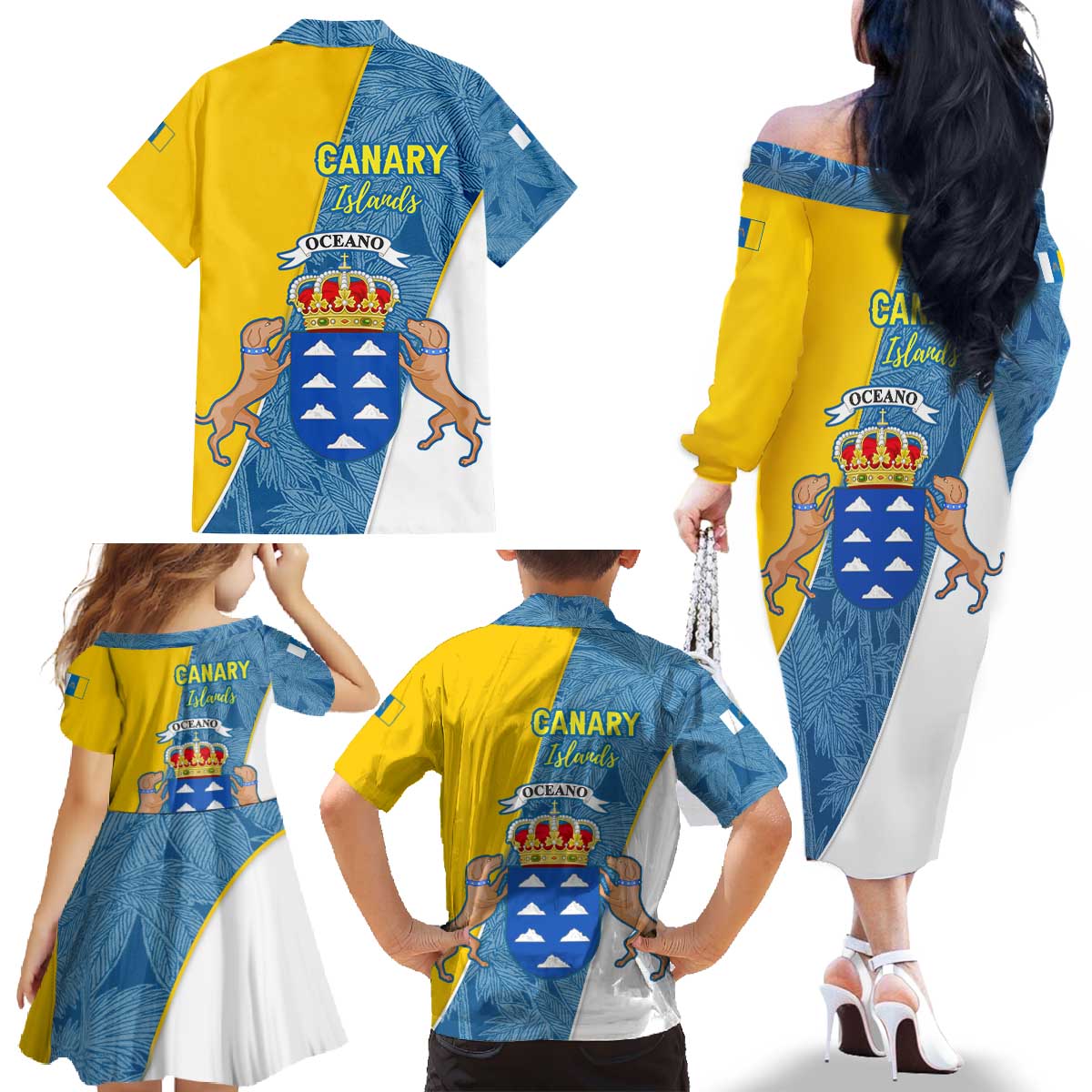 Canary Islands Flag Family Matching Off The Shoulder Long Sleeve Dress and Hawaiian Shirt Autonomous Community of Spain - Wonder Print Shop