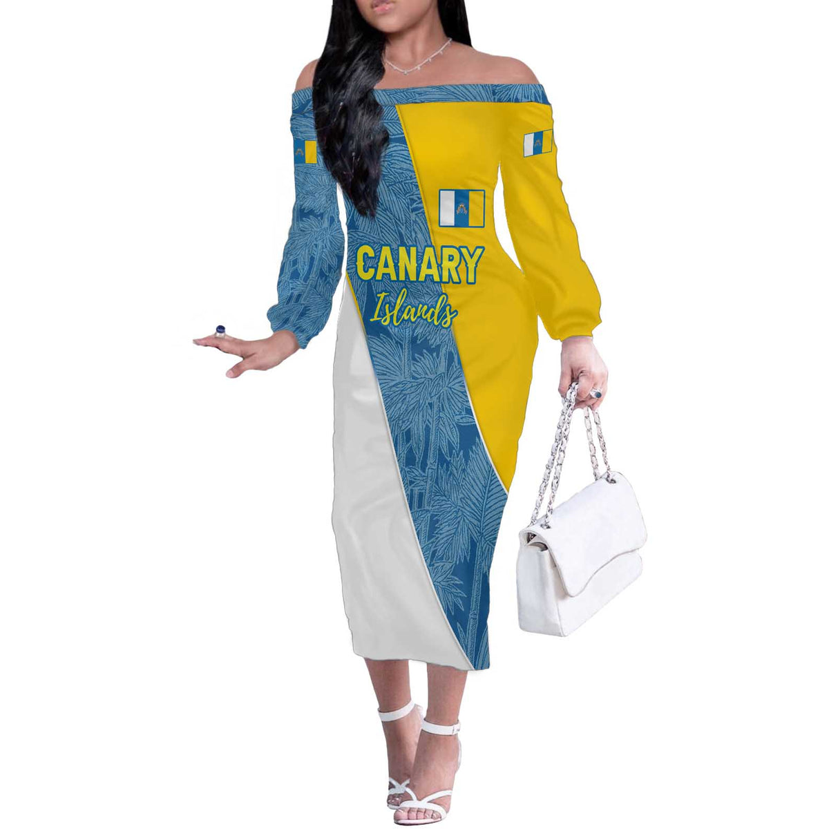 Canary Islands Flag Off The Shoulder Long Sleeve Dress Autonomous Community of Spain - Wonder Print Shop