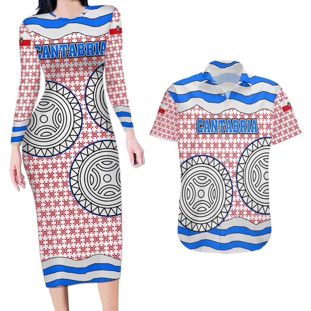 Cantabria Flag Couples Matching Long Sleeve Bodycon Dress and Hawaiian Shirt Autonomous Community of Spain - Wonder Print Shop