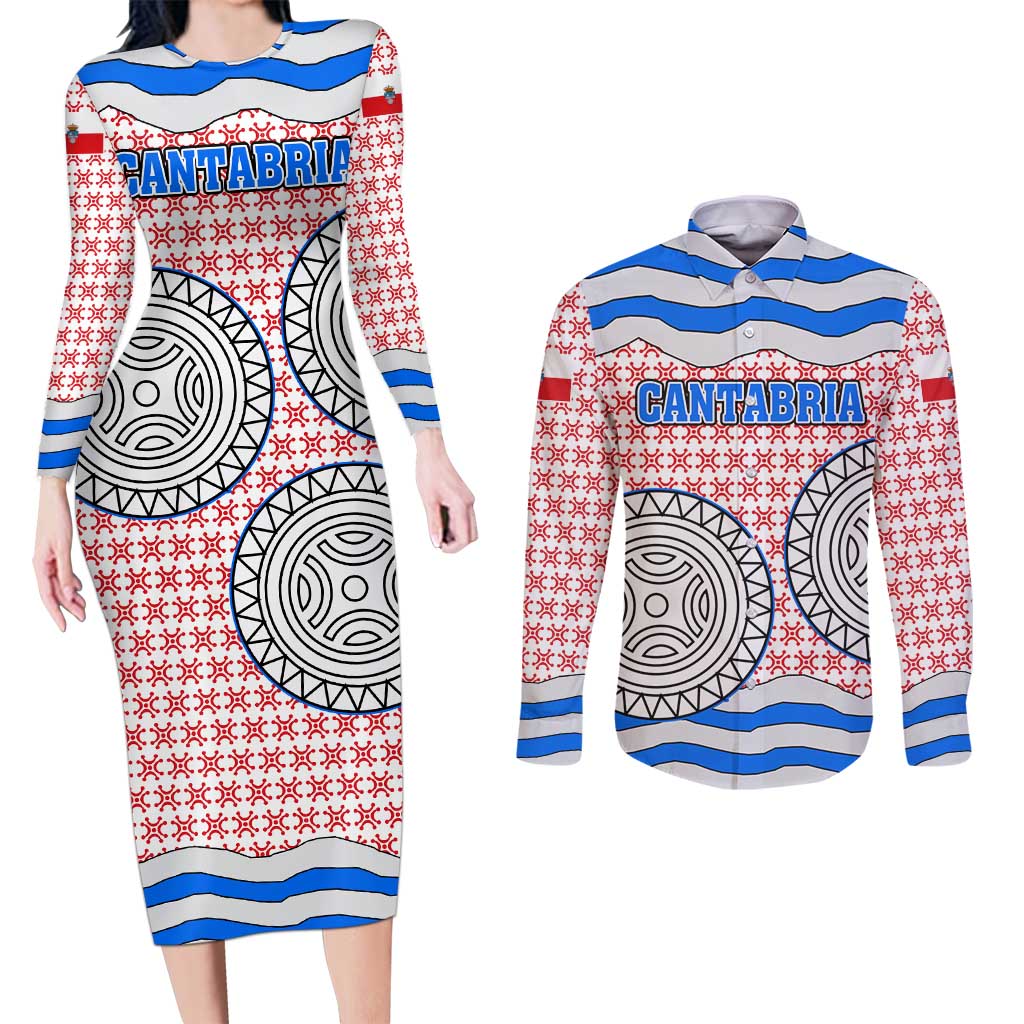 Cantabria Flag Couples Matching Long Sleeve Bodycon Dress and Long Sleeve Button Shirt Autonomous Community of Spain - Wonder Print Shop