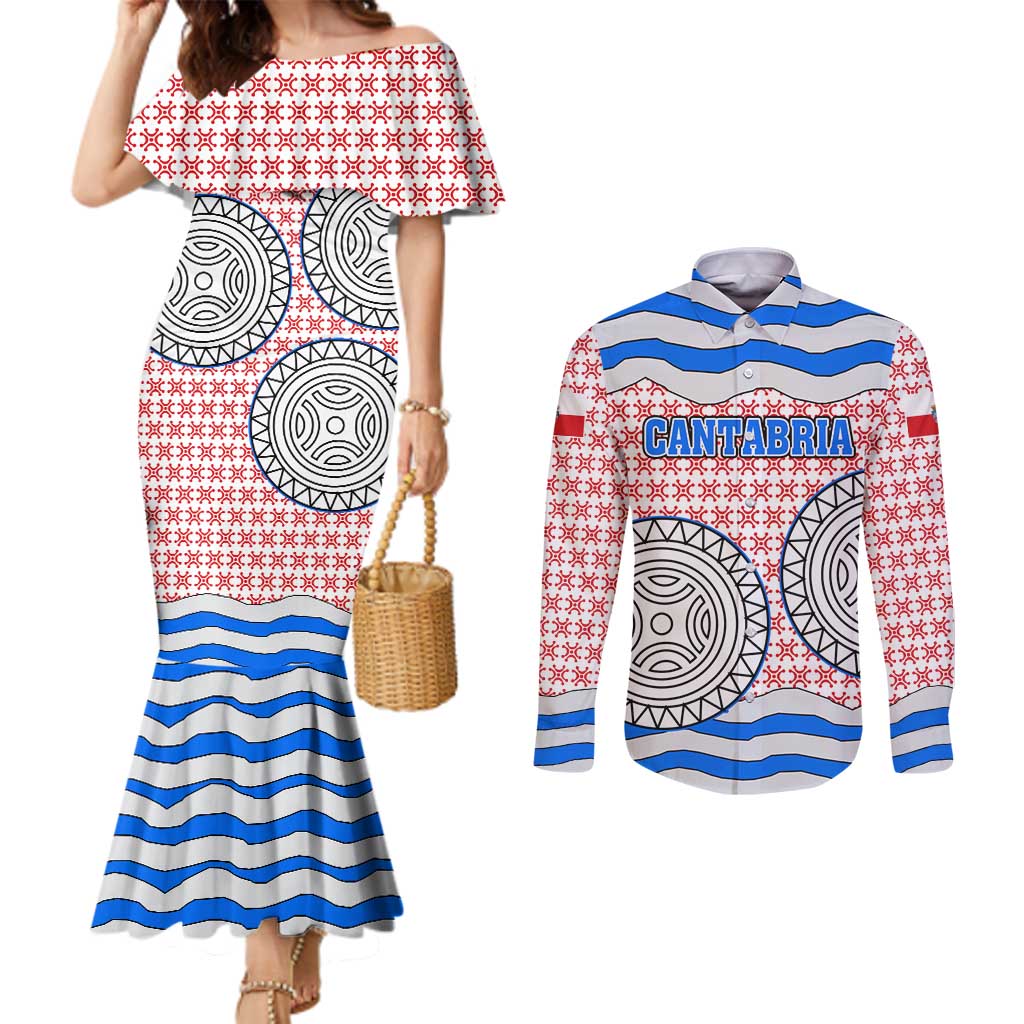 Cantabria Flag Couples Matching Mermaid Dress and Long Sleeve Button Shirt Autonomous Community of Spain - Wonder Print Shop