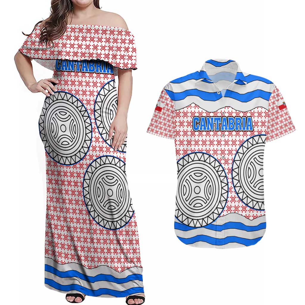 Cantabria Flag Couples Matching Off Shoulder Maxi Dress and Hawaiian Shirt Autonomous Community of Spain - Wonder Print Shop