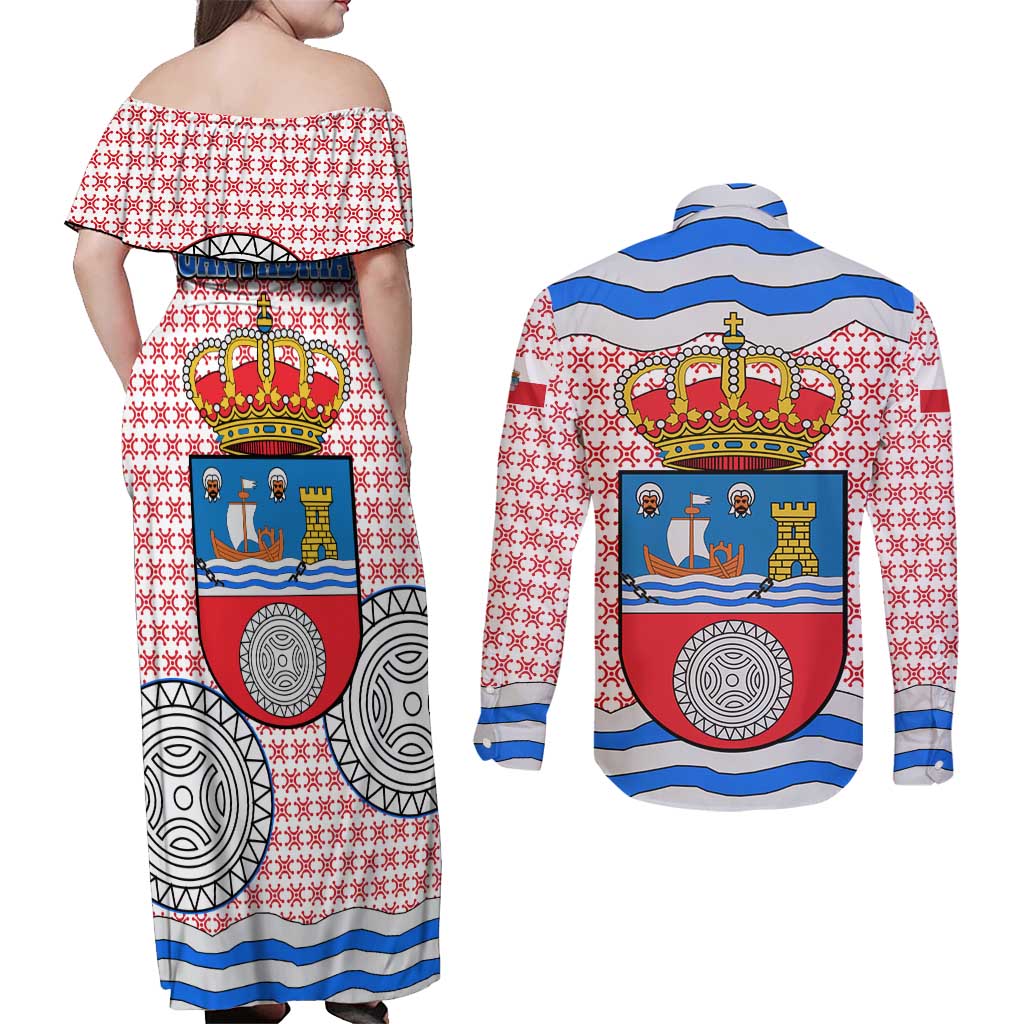 Cantabria Flag Couples Matching Off Shoulder Maxi Dress and Long Sleeve Button Shirt Autonomous Community of Spain - Wonder Print Shop