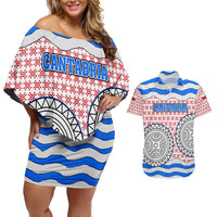 Cantabria Flag Couples Matching Off Shoulder Short Dress and Hawaiian Shirt Autonomous Community of Spain - Wonder Print Shop