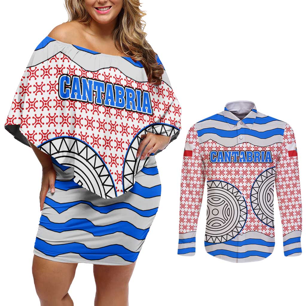Cantabria Flag Couples Matching Off Shoulder Short Dress and Long Sleeve Button Shirt Autonomous Community of Spain - Wonder Print Shop