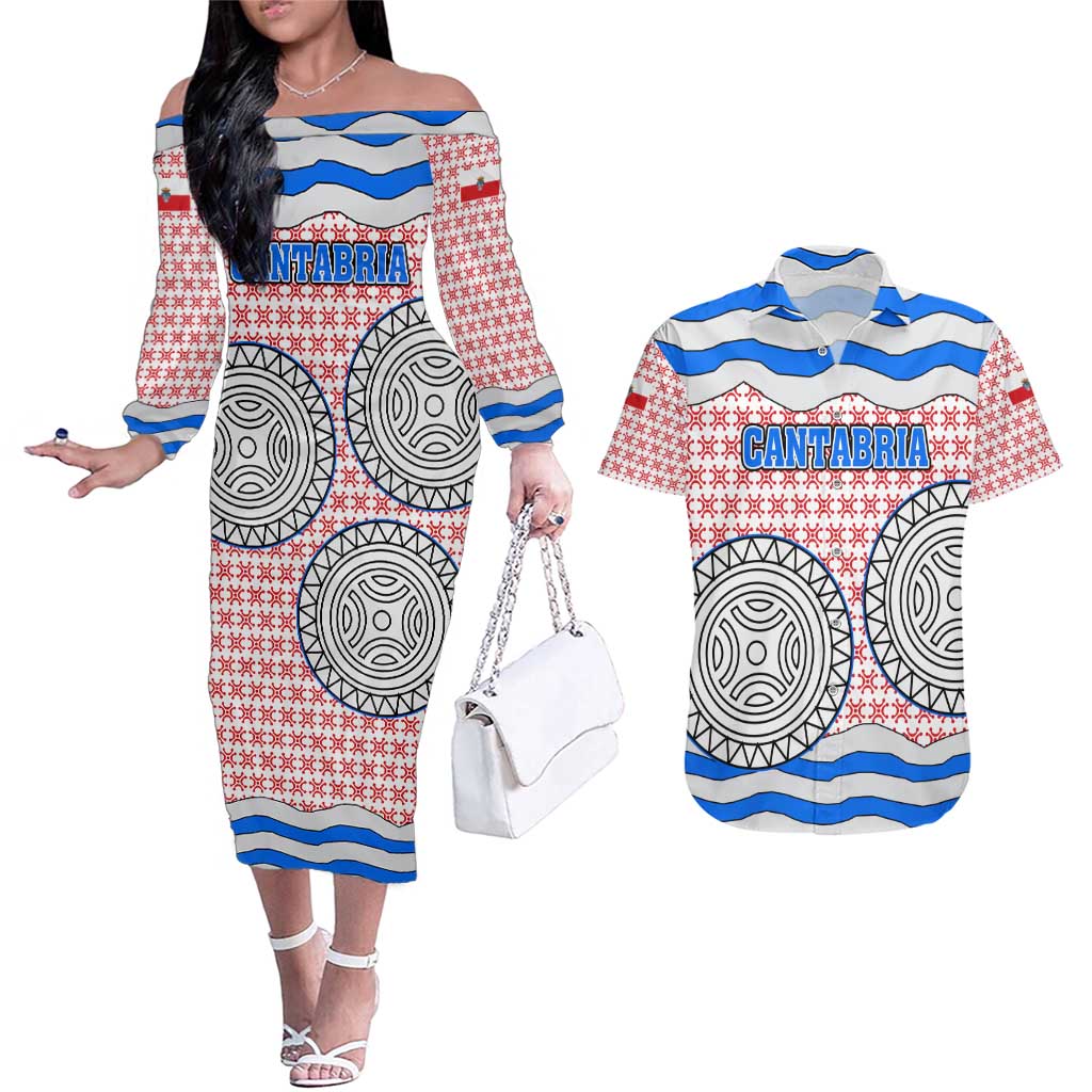 Cantabria Flag Couples Matching Off The Shoulder Long Sleeve Dress and Hawaiian Shirt Autonomous Community of Spain - Wonder Print Shop