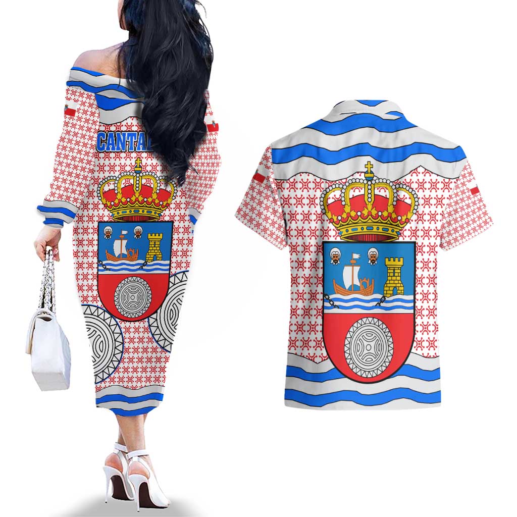 Cantabria Flag Couples Matching Off The Shoulder Long Sleeve Dress and Hawaiian Shirt Autonomous Community of Spain - Wonder Print Shop