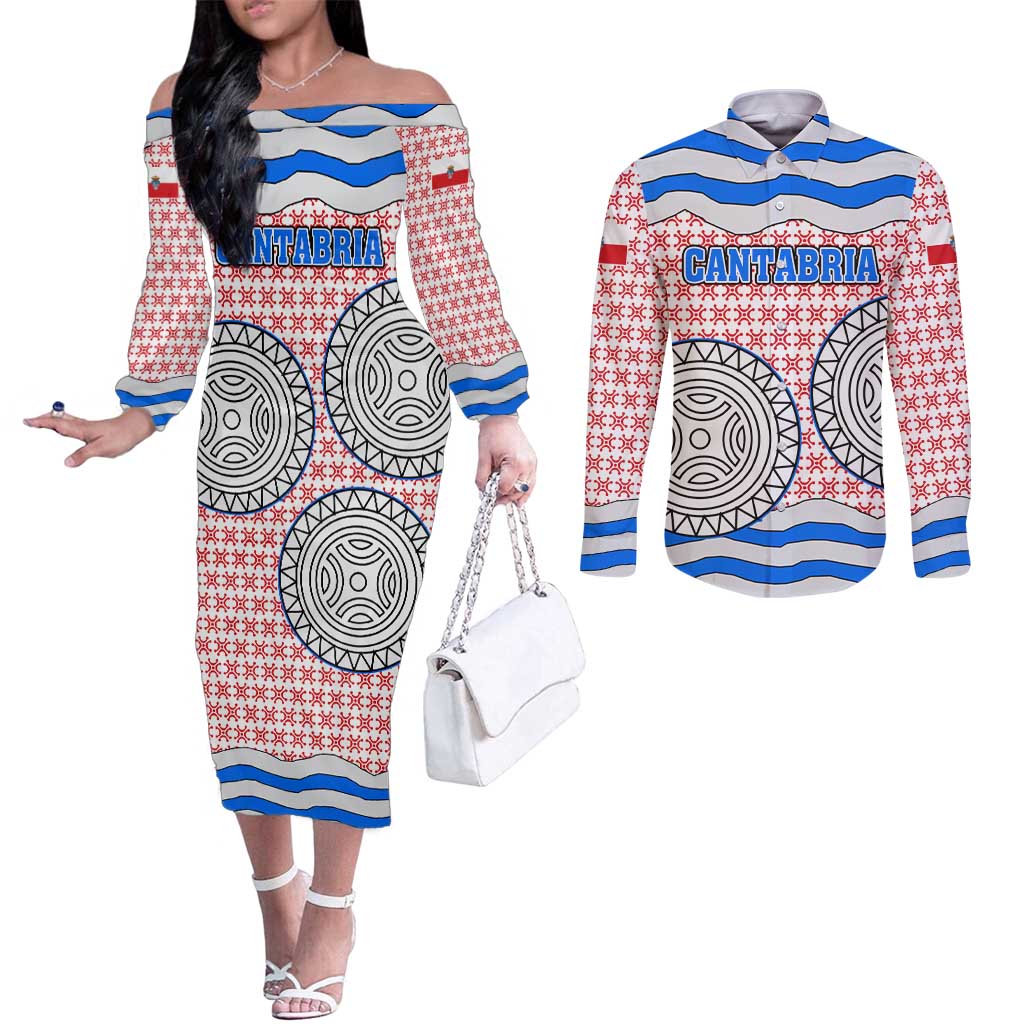 Cantabria Flag Couples Matching Off The Shoulder Long Sleeve Dress and Long Sleeve Button Shirt Autonomous Community of Spain - Wonder Print Shop