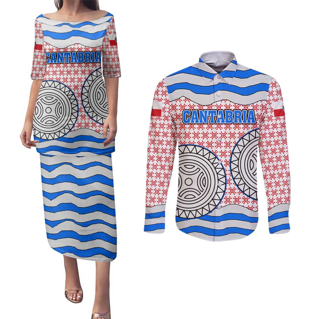 Cantabria Flag Couples Matching Puletasi and Long Sleeve Button Shirt Autonomous Community of Spain - Wonder Print Shop