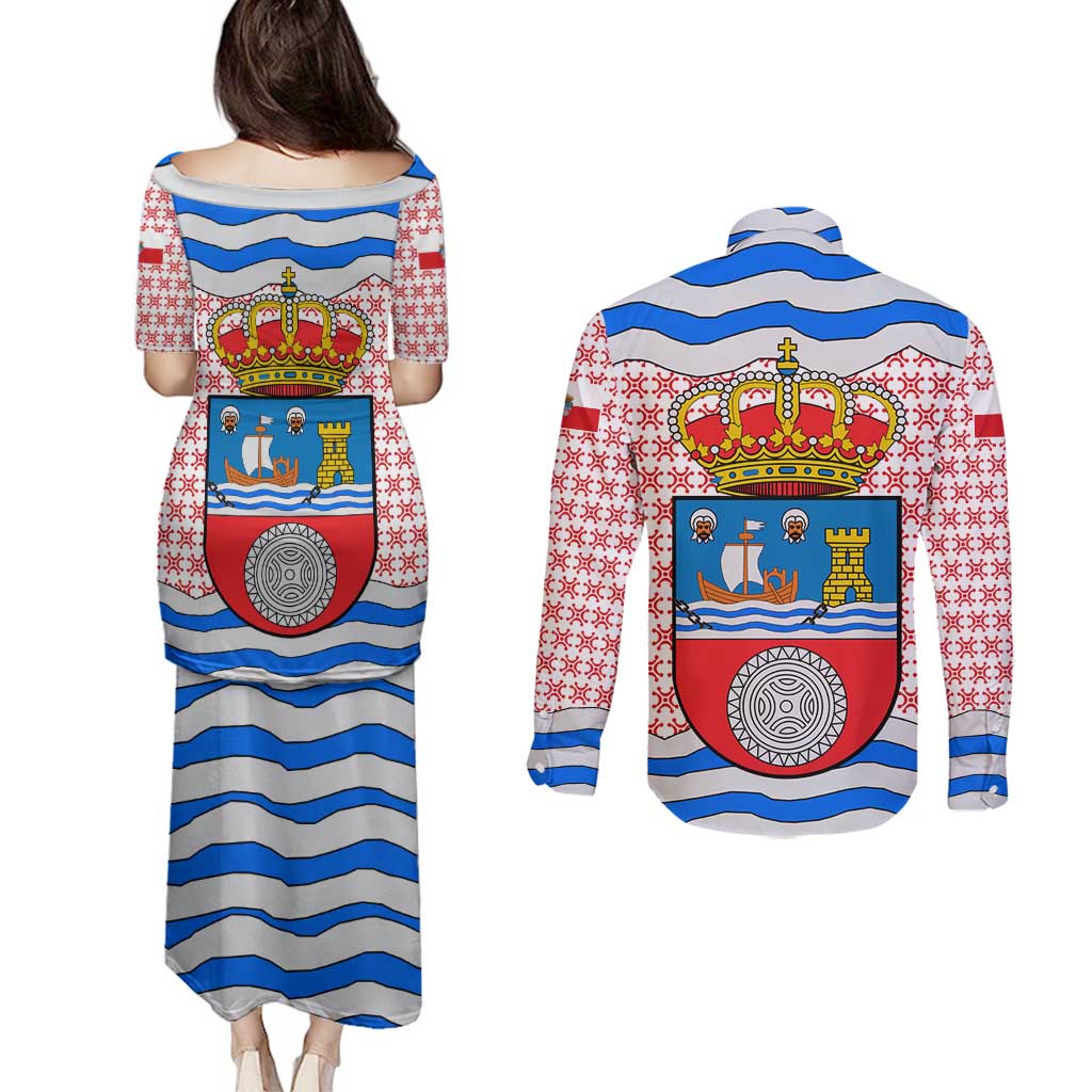 Cantabria Flag Couples Matching Puletasi and Long Sleeve Button Shirt Autonomous Community of Spain - Wonder Print Shop