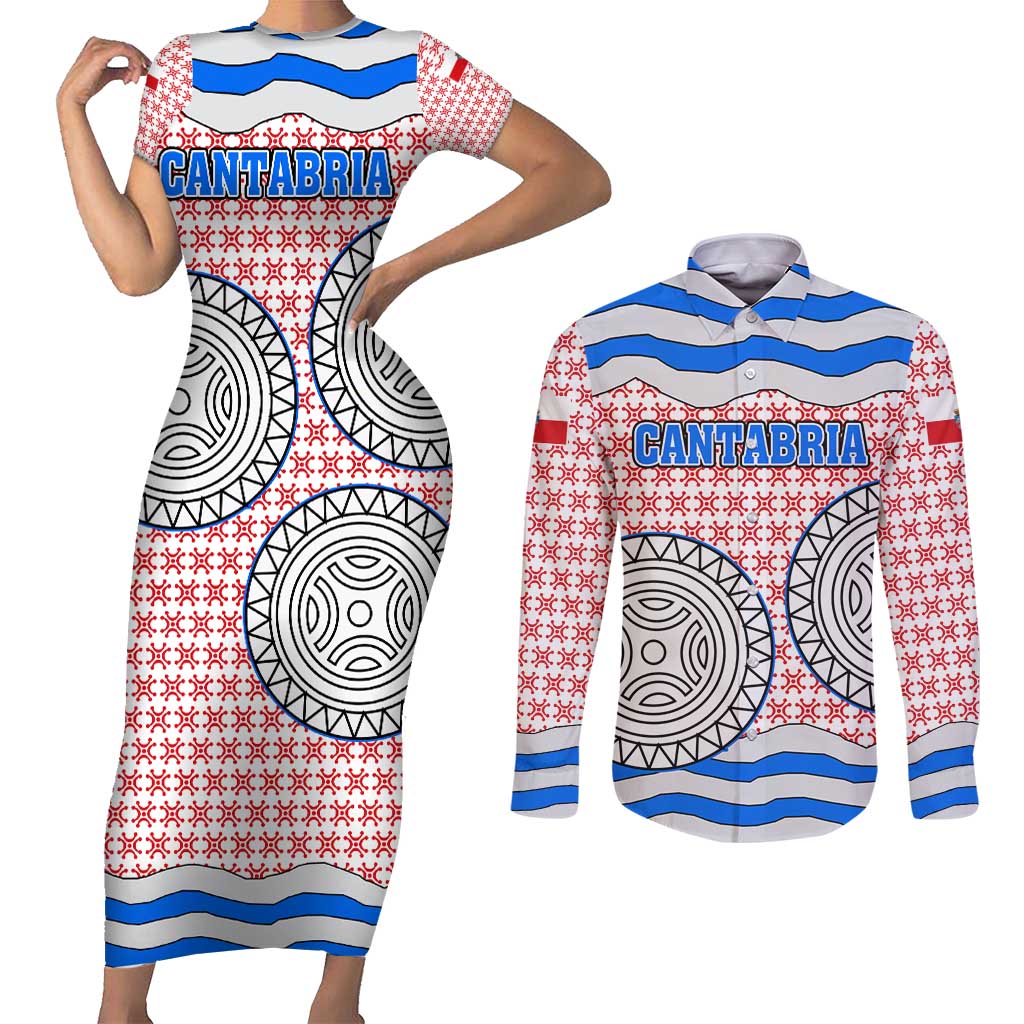 Cantabria Flag Couples Matching Short Sleeve Bodycon Dress and Long Sleeve Button Shirt Autonomous Community of Spain - Wonder Print Shop