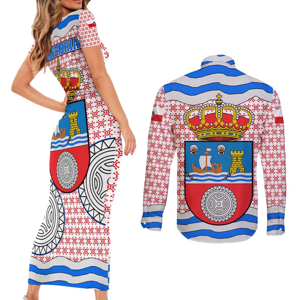 Cantabria Flag Couples Matching Short Sleeve Bodycon Dress and Long Sleeve Button Shirt Autonomous Community of Spain - Wonder Print Shop