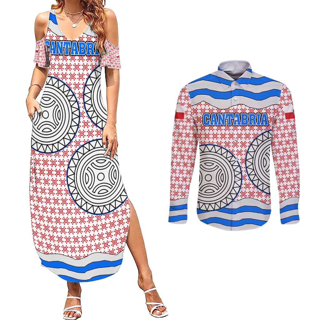 Cantabria Flag Couples Matching Summer Maxi Dress and Long Sleeve Button Shirt Autonomous Community of Spain - Wonder Print Shop