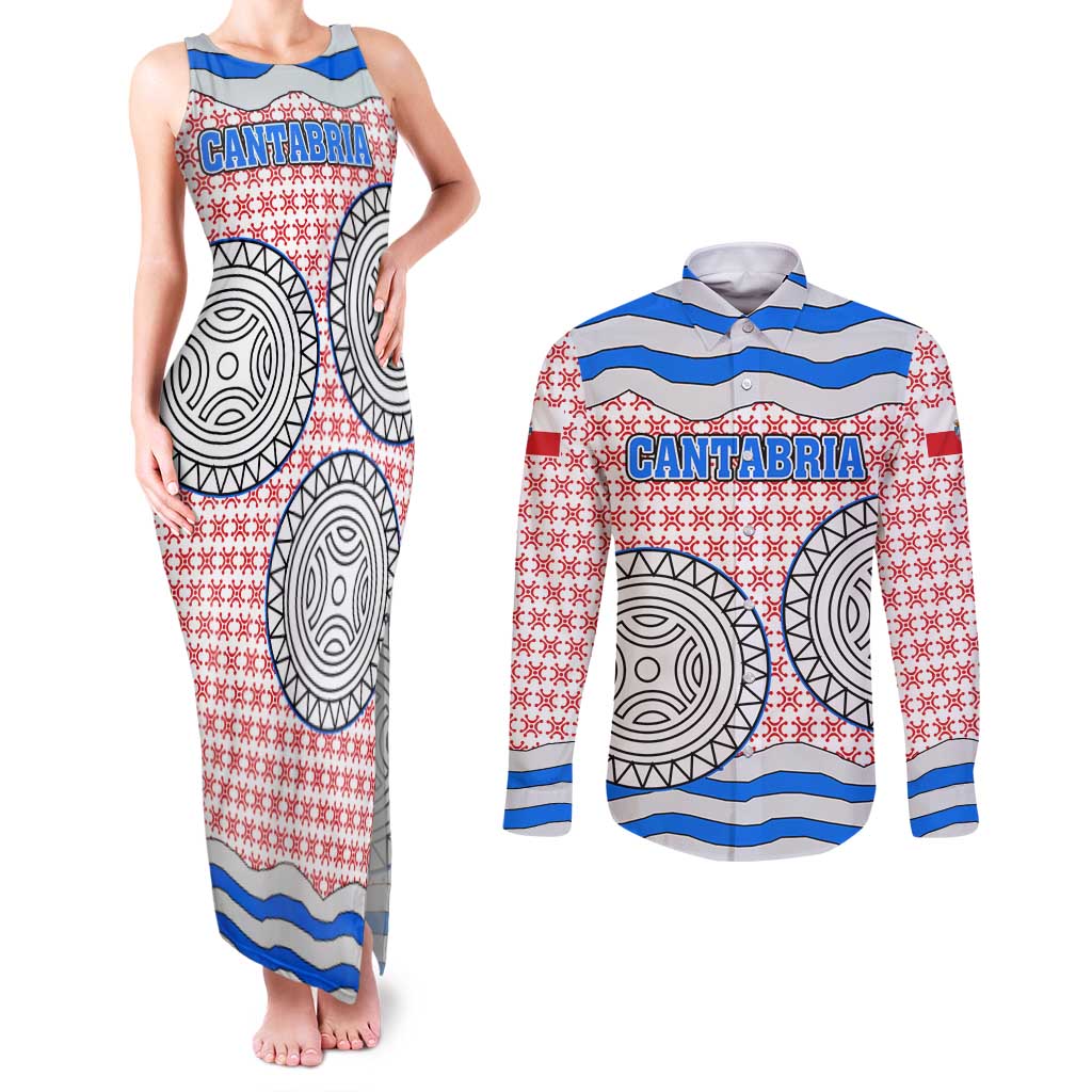 Cantabria Flag Couples Matching Tank Maxi Dress and Long Sleeve Button Shirt Autonomous Community of Spain - Wonder Print Shop
