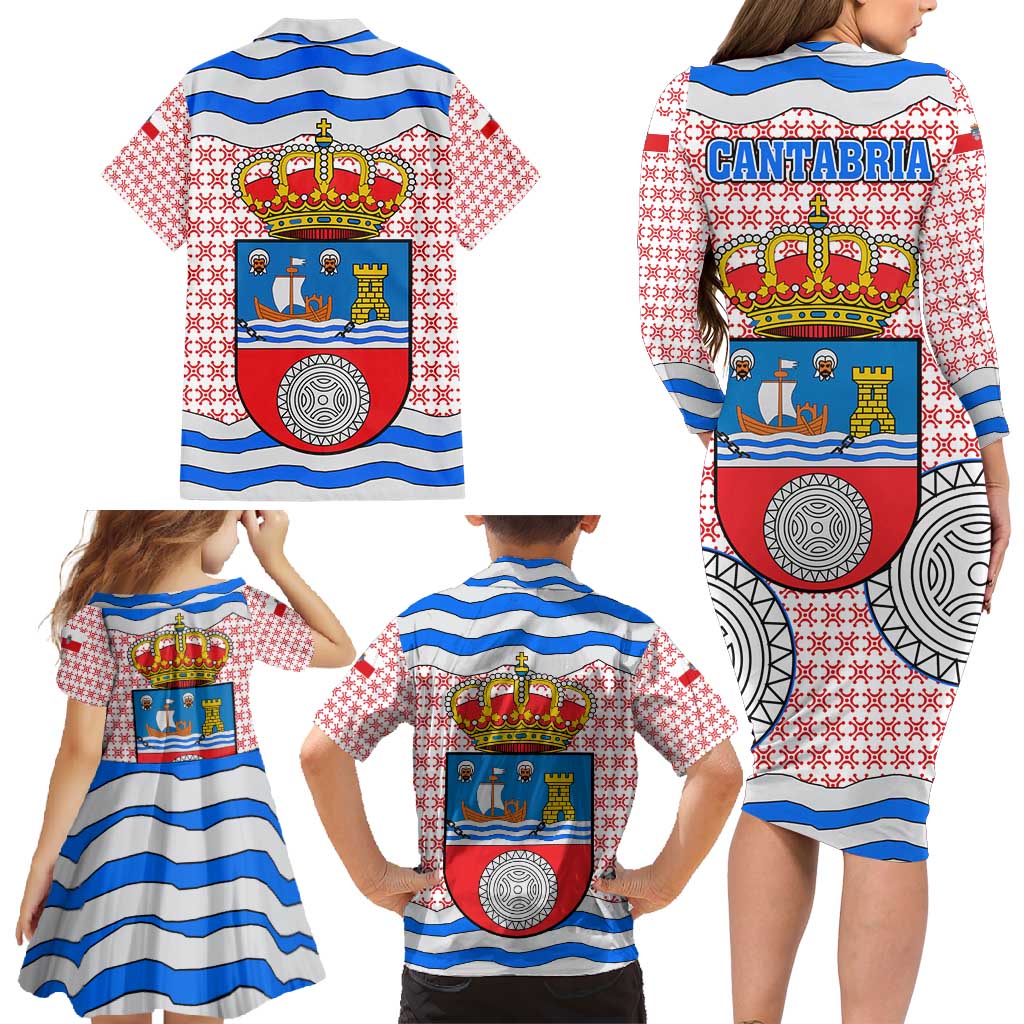 Cantabria Flag Family Matching Long Sleeve Bodycon Dress and Hawaiian Shirt Autonomous Community of Spain - Wonder Print Shop