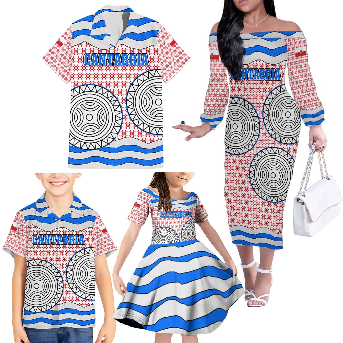 Cantabria Flag Family Matching Off The Shoulder Long Sleeve Dress and Hawaiian Shirt Autonomous Community of Spain - Wonder Print Shop