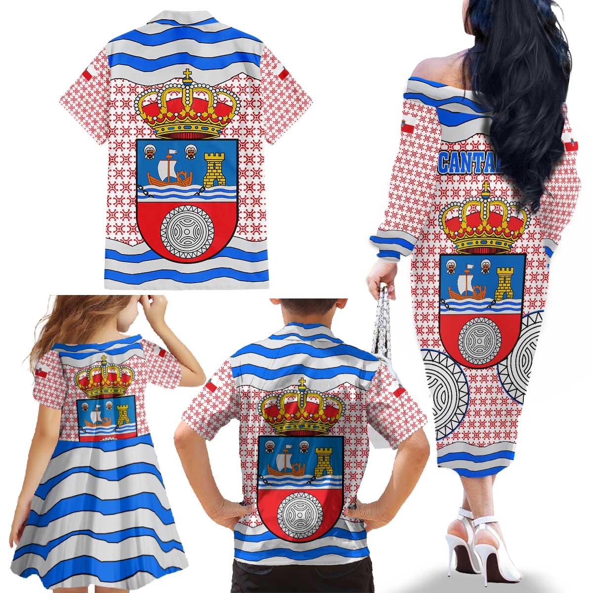 Cantabria Flag Family Matching Off The Shoulder Long Sleeve Dress and Hawaiian Shirt Autonomous Community of Spain - Wonder Print Shop