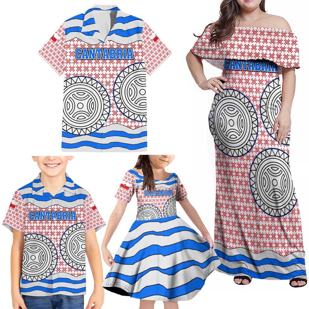 Cantabria Flag Family Matching Off Shoulder Maxi Dress and Hawaiian Shirt Autonomous Community of Spain - Wonder Print Shop