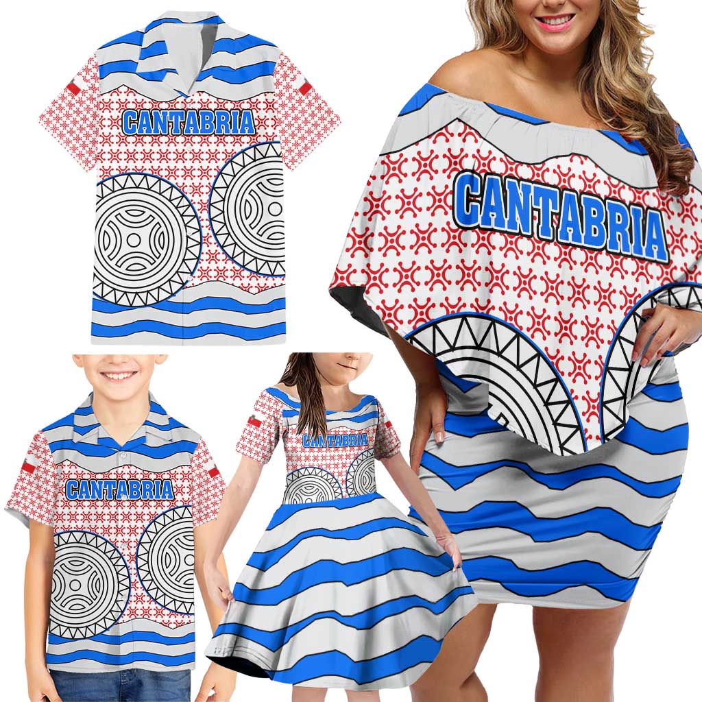 Cantabria Flag Family Matching Off Shoulder Short Dress and Hawaiian Shirt Autonomous Community of Spain - Wonder Print Shop