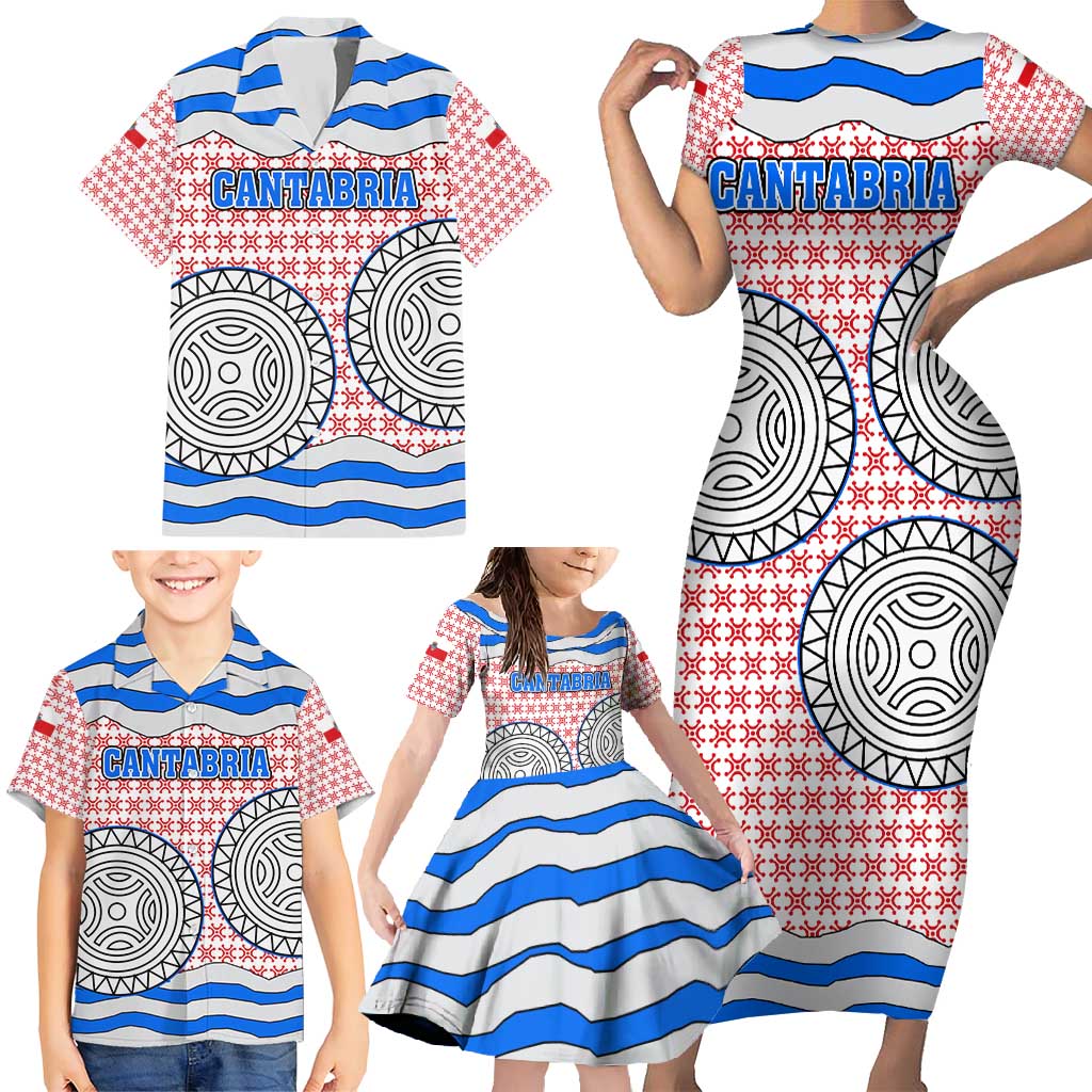 Cantabria Flag Family Matching Short Sleeve Bodycon Dress and Hawaiian Shirt Autonomous Community of Spain - Wonder Print Shop