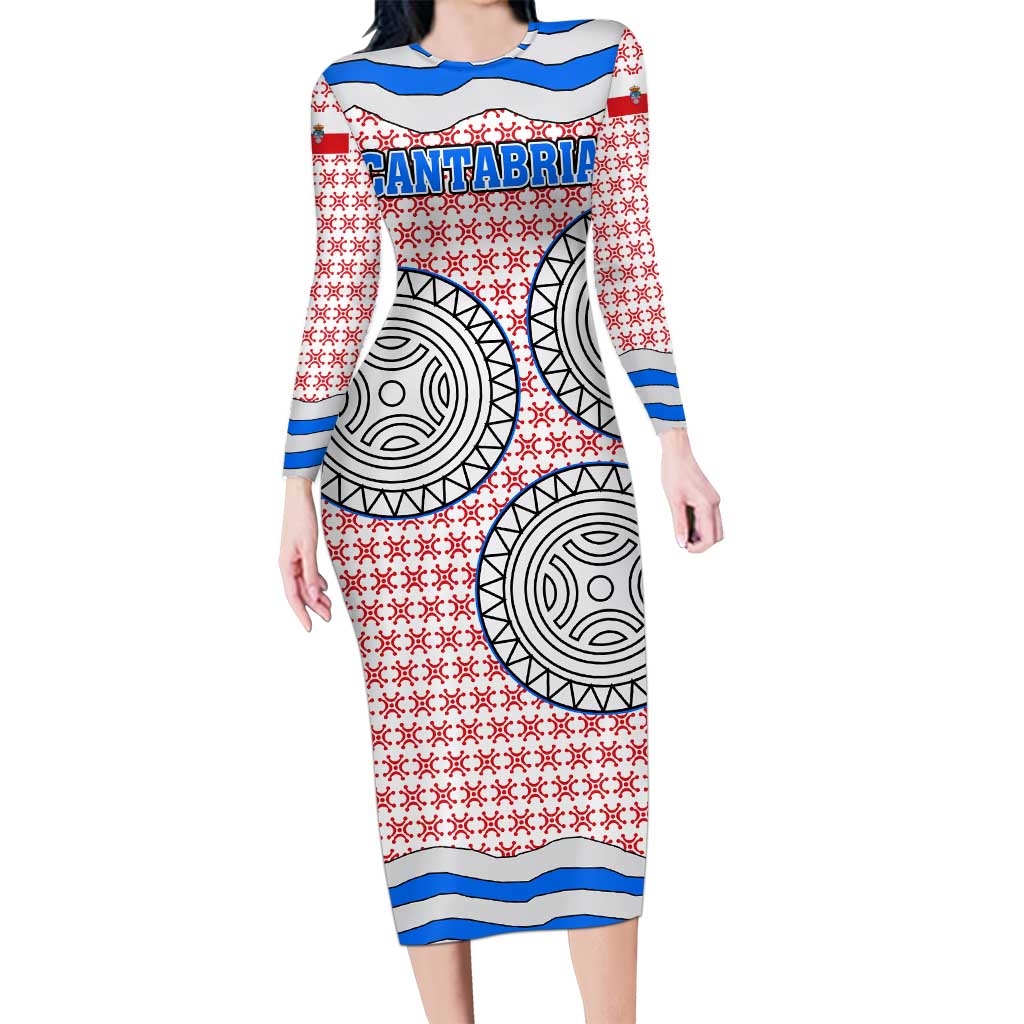 Cantabria Flag Long Sleeve Bodycon Dress Autonomous Community of Spain - Wonder Print Shop
