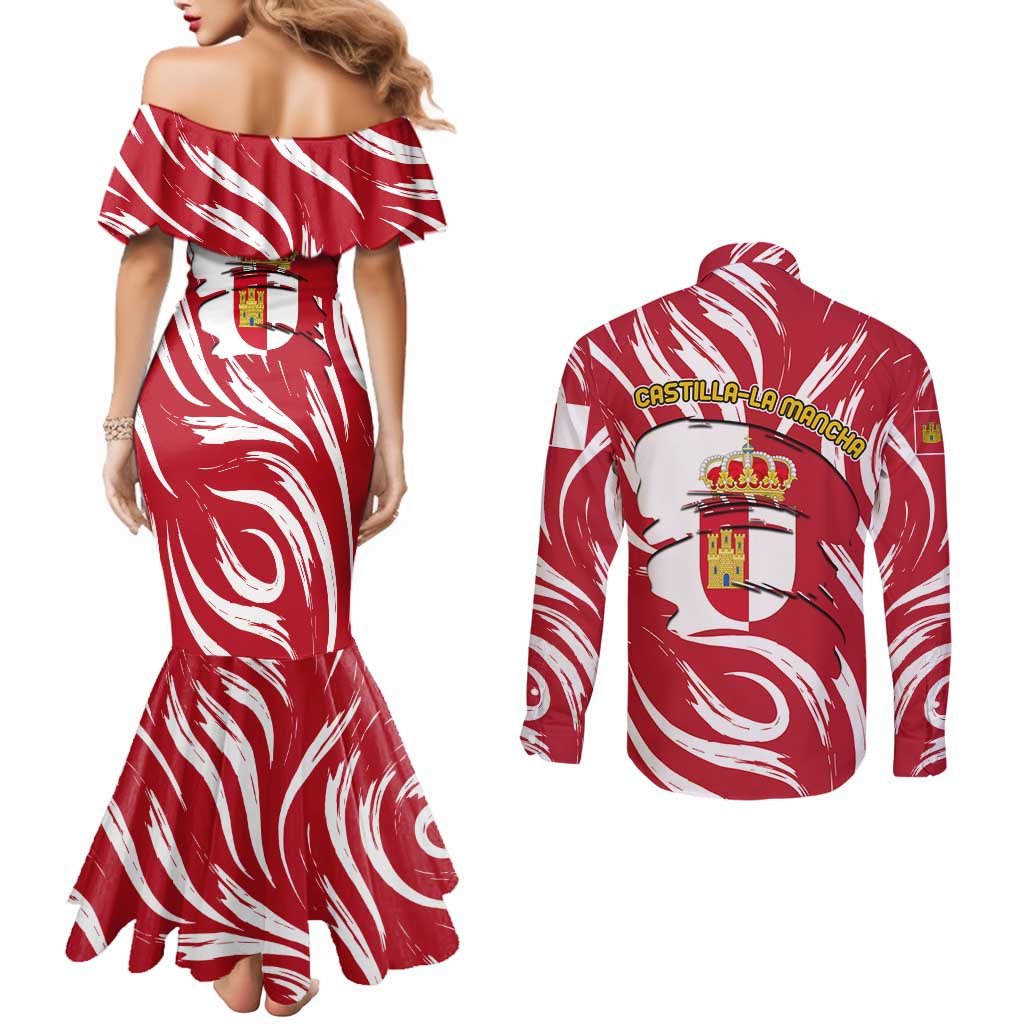 Castilla La Mancha Flag Couples Matching Mermaid Dress and Long Sleeve Button Shirt Autonomous Community of Spain - Wonder Print Shop