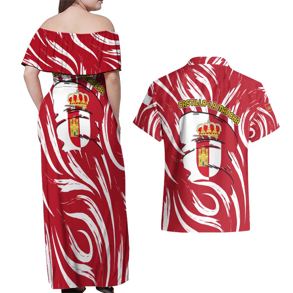 Castilla La Mancha Flag Couples Matching Off Shoulder Maxi Dress and Hawaiian Shirt Autonomous Community of Spain - Wonder Print Shop