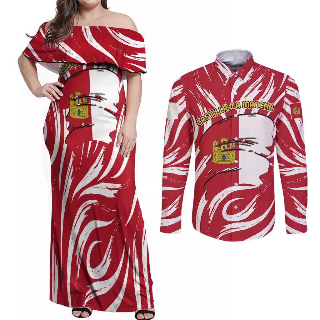 Castilla La Mancha Flag Couples Matching Off Shoulder Maxi Dress and Long Sleeve Button Shirt Autonomous Community of Spain - Wonder Print Shop