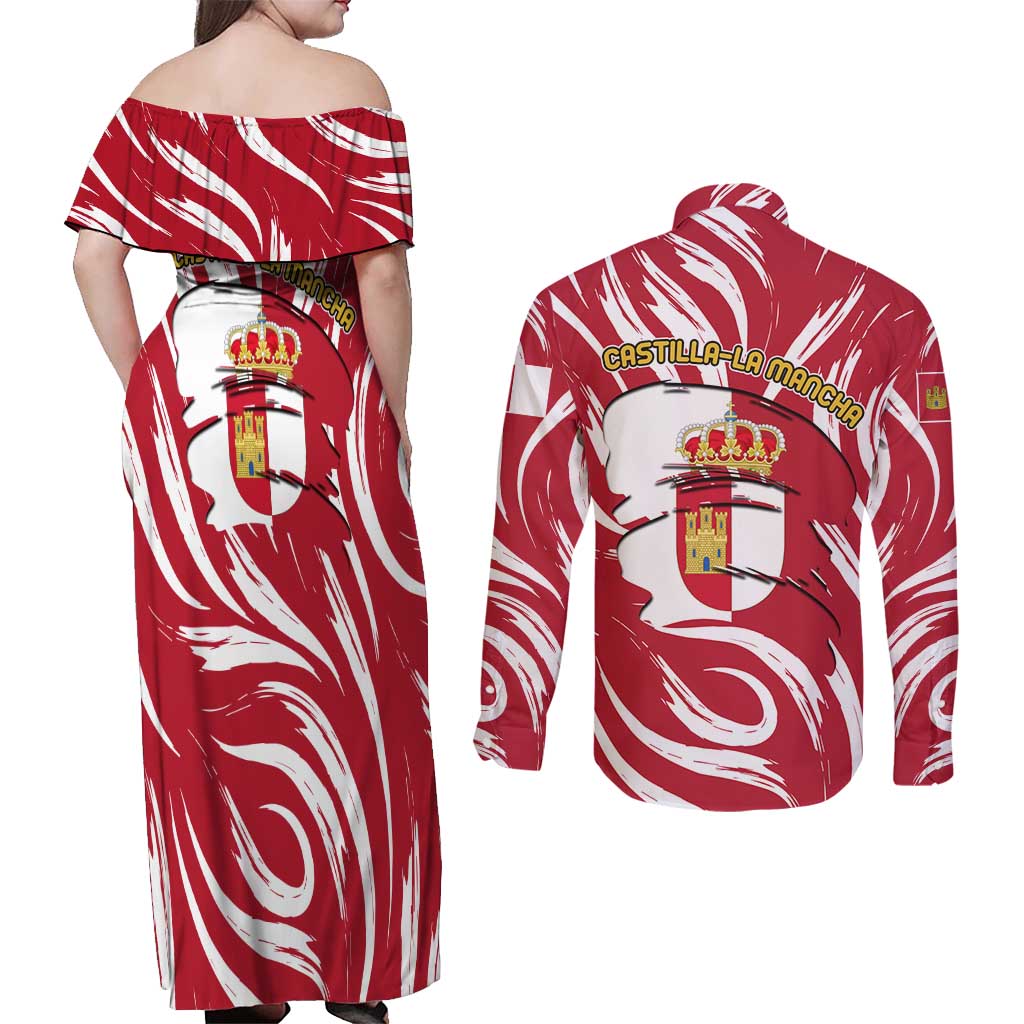 Castilla La Mancha Flag Couples Matching Off Shoulder Maxi Dress and Long Sleeve Button Shirt Autonomous Community of Spain - Wonder Print Shop