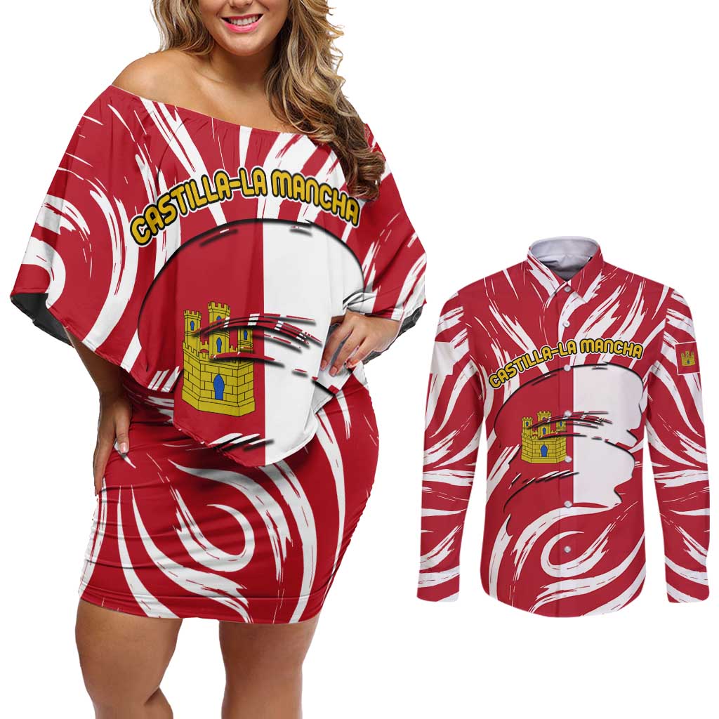 Castilla La Mancha Flag Couples Matching Off Shoulder Short Dress and Long Sleeve Button Shirt Autonomous Community of Spain - Wonder Print Shop