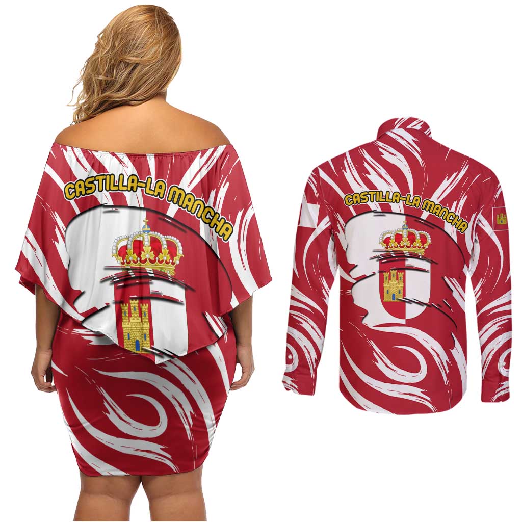 Castilla La Mancha Flag Couples Matching Off Shoulder Short Dress and Long Sleeve Button Shirt Autonomous Community of Spain - Wonder Print Shop