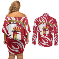 Castilla La Mancha Flag Couples Matching Off Shoulder Short Dress and Long Sleeve Button Shirt Autonomous Community of Spain - Wonder Print Shop