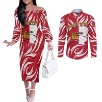 Castilla La Mancha Flag Couples Matching Off The Shoulder Long Sleeve Dress and Long Sleeve Button Shirt Autonomous Community of Spain - Wonder Print Shop