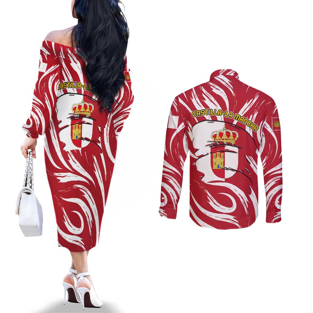 Castilla La Mancha Flag Couples Matching Off The Shoulder Long Sleeve Dress and Long Sleeve Button Shirt Autonomous Community of Spain - Wonder Print Shop