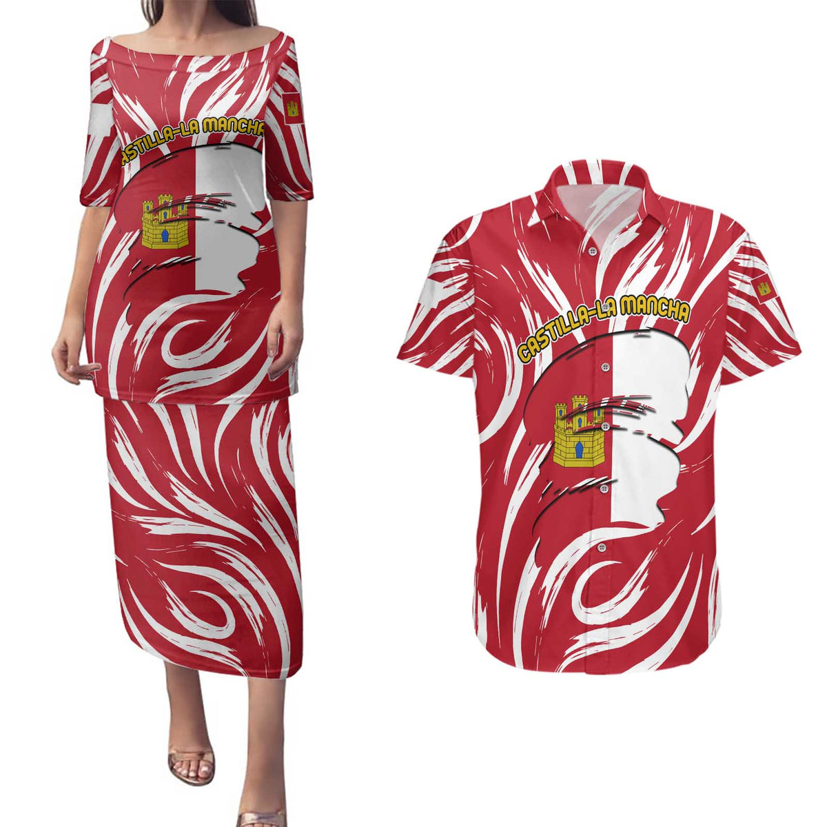 Castilla La Mancha Flag Couples Matching Puletasi and Hawaiian Shirt Autonomous Community of Spain - Wonder Print Shop