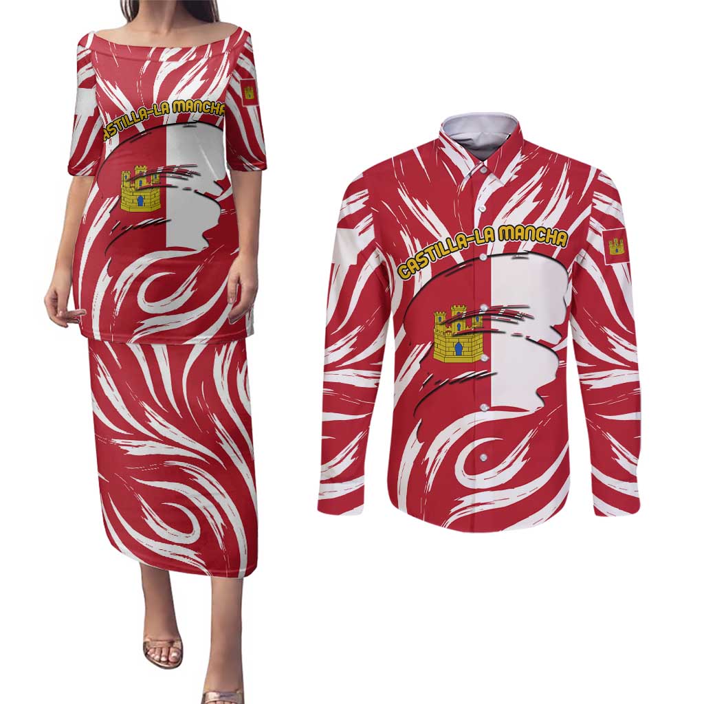 Castilla La Mancha Flag Couples Matching Puletasi and Long Sleeve Button Shirt Autonomous Community of Spain - Wonder Print Shop