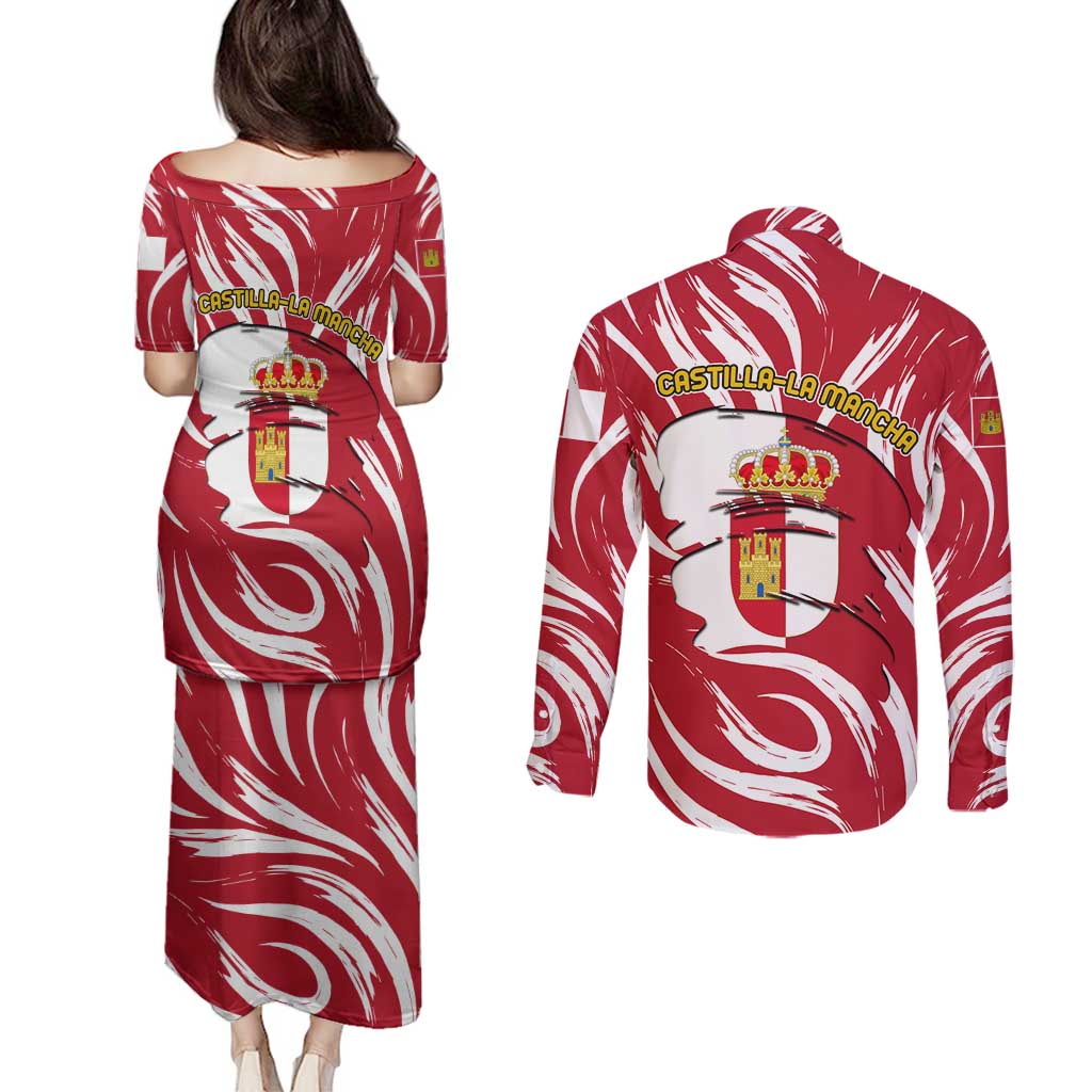 Castilla La Mancha Flag Couples Matching Puletasi and Long Sleeve Button Shirt Autonomous Community of Spain - Wonder Print Shop