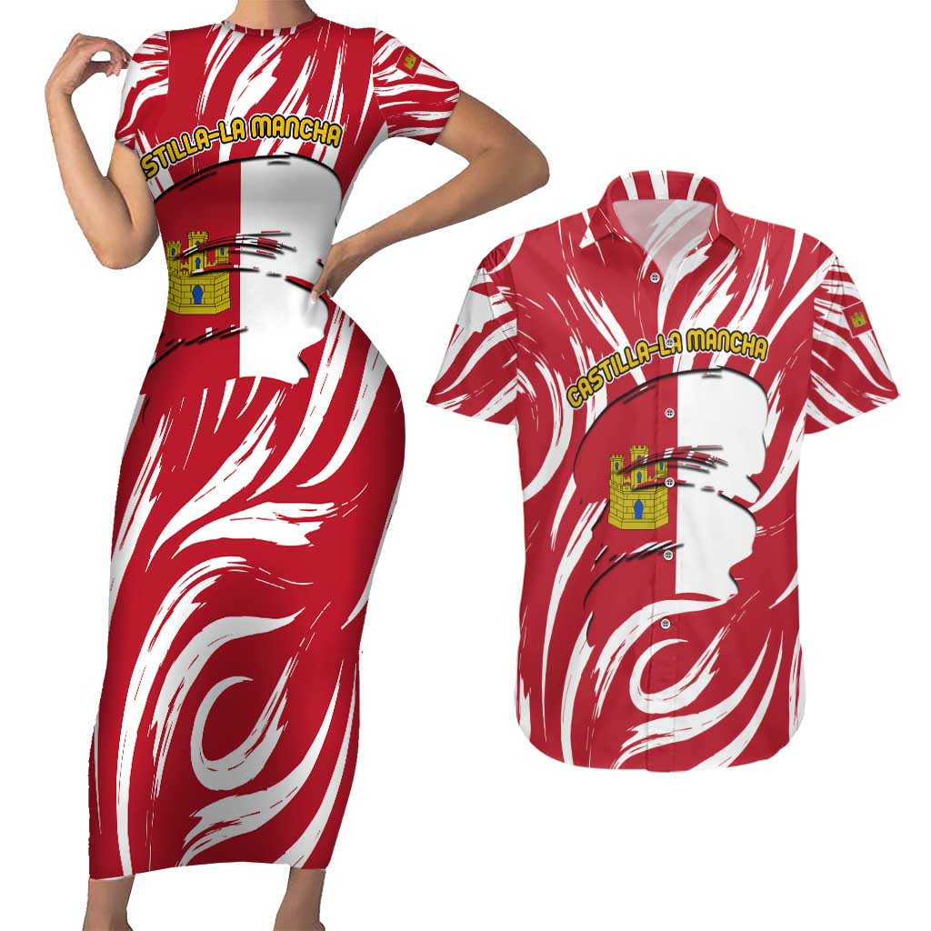 Castilla La Mancha Flag Couples Matching Short Sleeve Bodycon Dress and Hawaiian Shirt Autonomous Community of Spain - Wonder Print Shop