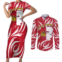 Castilla La Mancha Flag Couples Matching Short Sleeve Bodycon Dress and Long Sleeve Button Shirt Autonomous Community of Spain - Wonder Print Shop