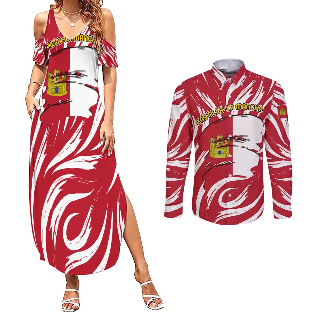 Castilla La Mancha Flag Couples Matching Summer Maxi Dress and Long Sleeve Button Shirt Autonomous Community of Spain - Wonder Print Shop