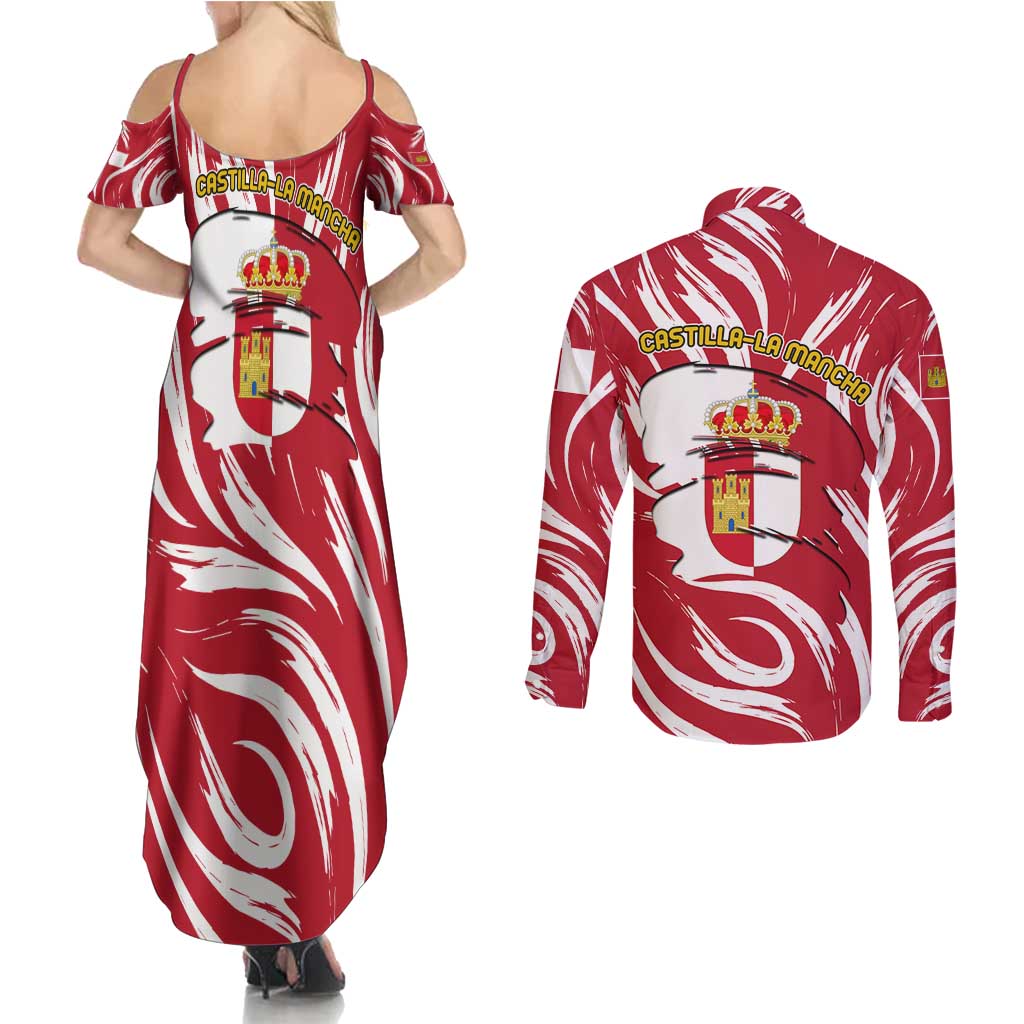 Castilla La Mancha Flag Couples Matching Summer Maxi Dress and Long Sleeve Button Shirt Autonomous Community of Spain - Wonder Print Shop