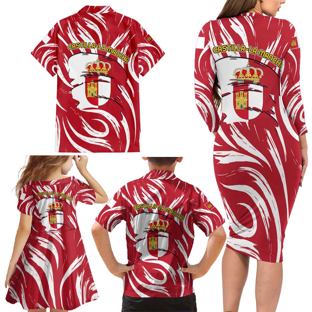 Castilla La Mancha Flag Family Matching Long Sleeve Bodycon Dress and Hawaiian Shirt Autonomous Community of Spain - Wonder Print Shop