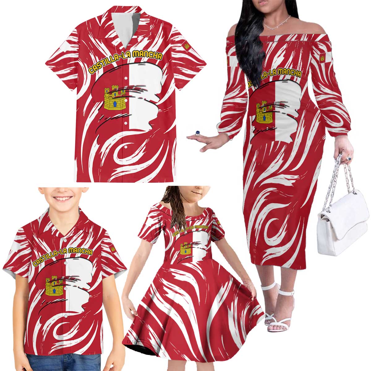 Castilla La Mancha Flag Family Matching Off The Shoulder Long Sleeve Dress and Hawaiian Shirt Autonomous Community of Spain - Wonder Print Shop