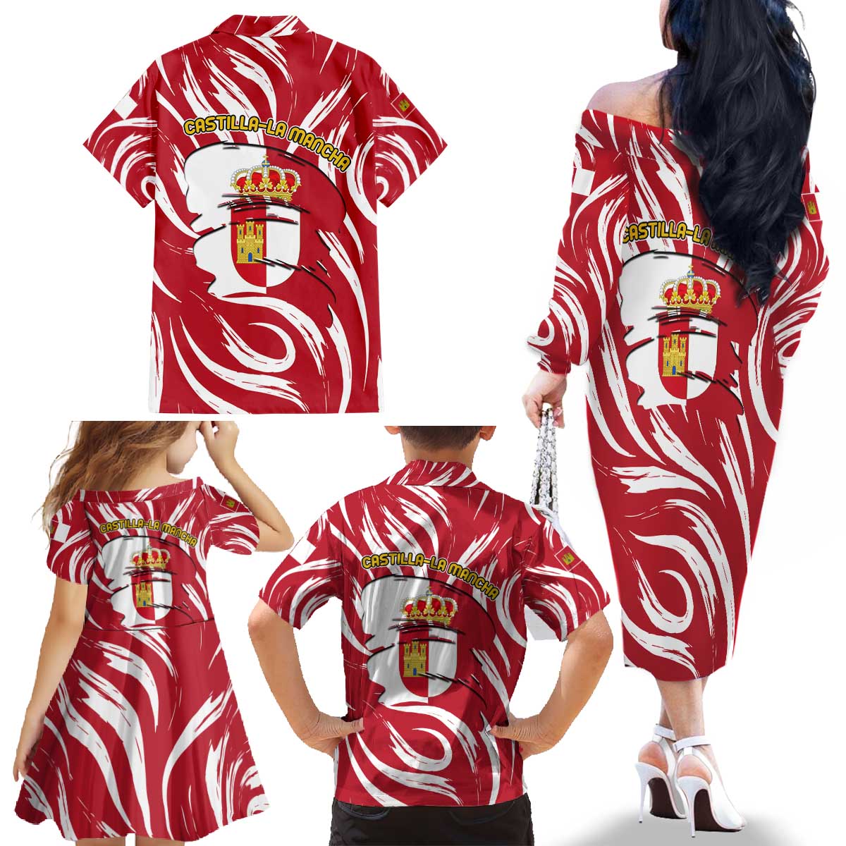 Castilla La Mancha Flag Family Matching Off The Shoulder Long Sleeve Dress and Hawaiian Shirt Autonomous Community of Spain - Wonder Print Shop