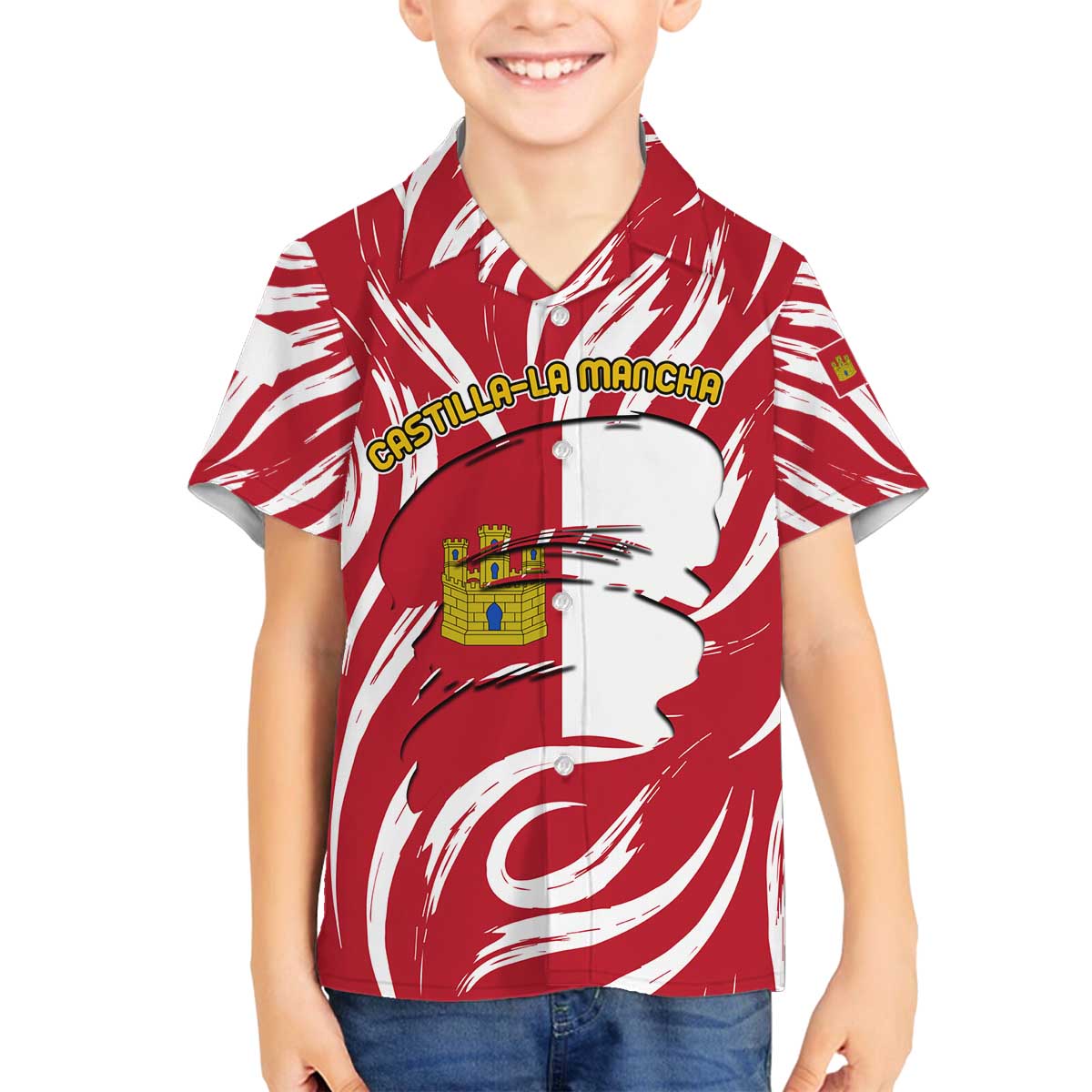 Castilla La Mancha Flag Family Matching Off The Shoulder Long Sleeve Dress and Hawaiian Shirt Autonomous Community of Spain - Wonder Print Shop