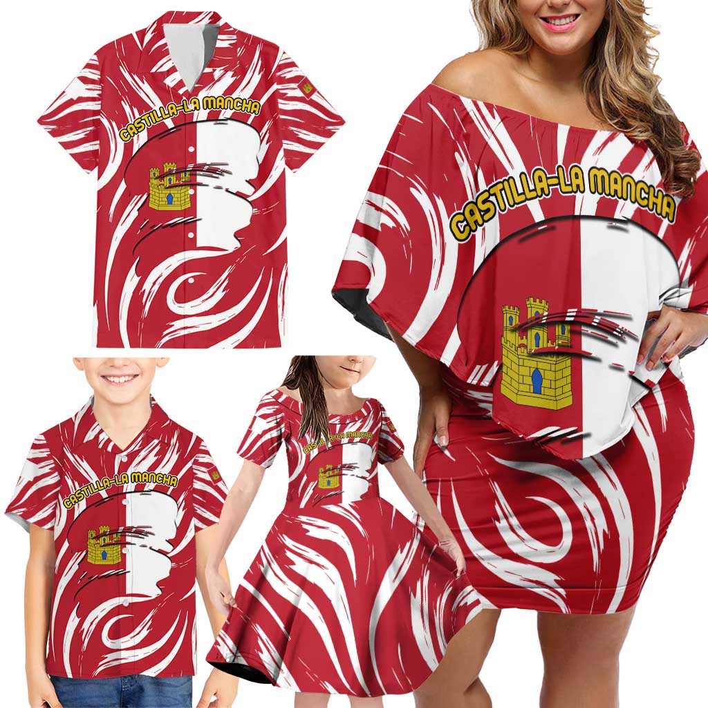 Castilla La Mancha Flag Family Matching Off Shoulder Short Dress and Hawaiian Shirt Autonomous Community of Spain - Wonder Print Shop
