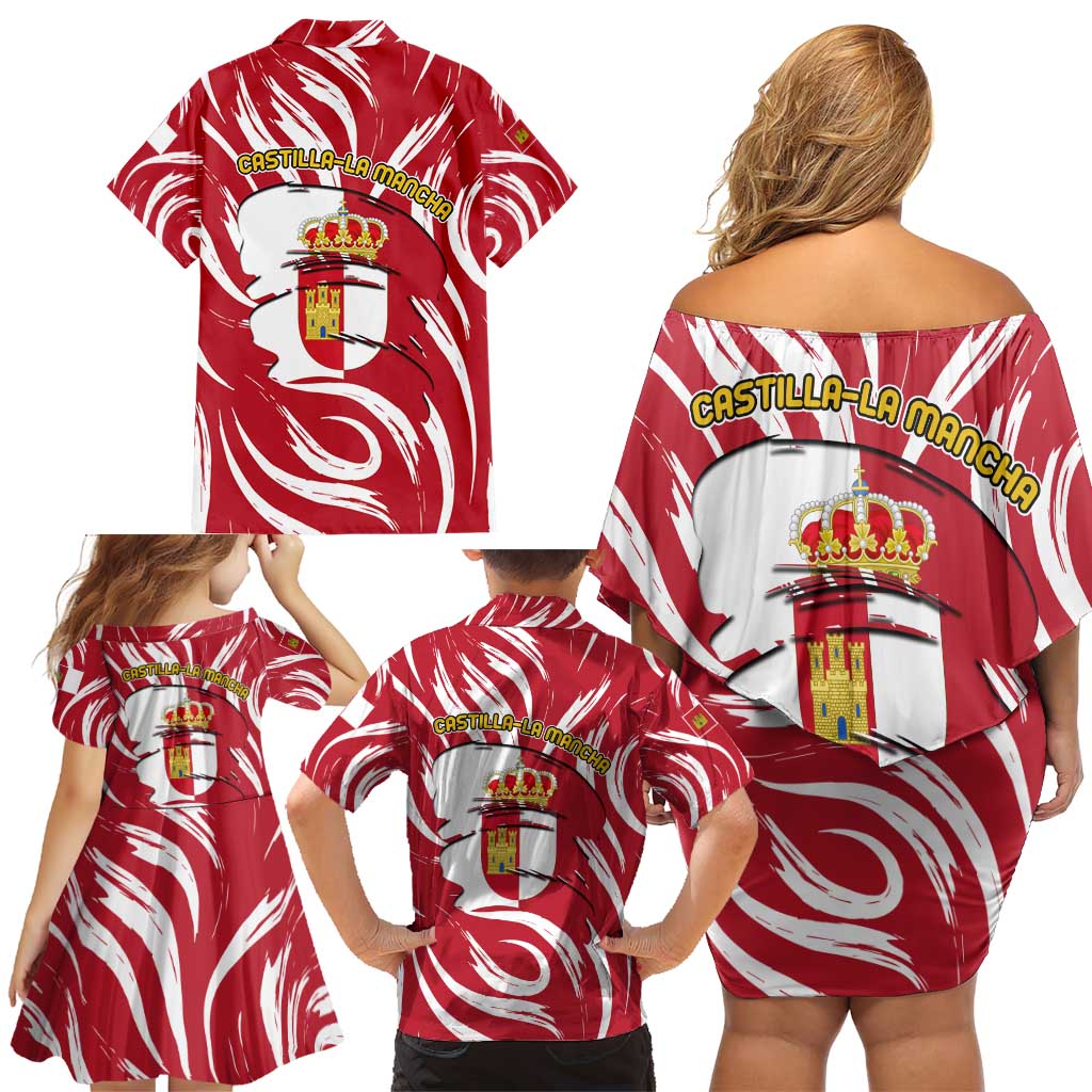 Castilla La Mancha Flag Family Matching Off Shoulder Short Dress and Hawaiian Shirt Autonomous Community of Spain - Wonder Print Shop