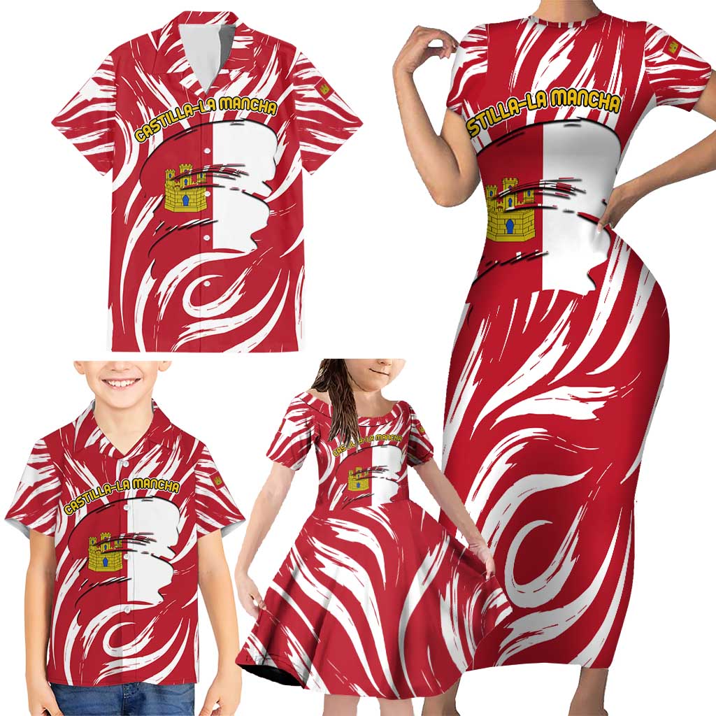 Castilla La Mancha Flag Family Matching Short Sleeve Bodycon Dress and Hawaiian Shirt Autonomous Community of Spain - Wonder Print Shop