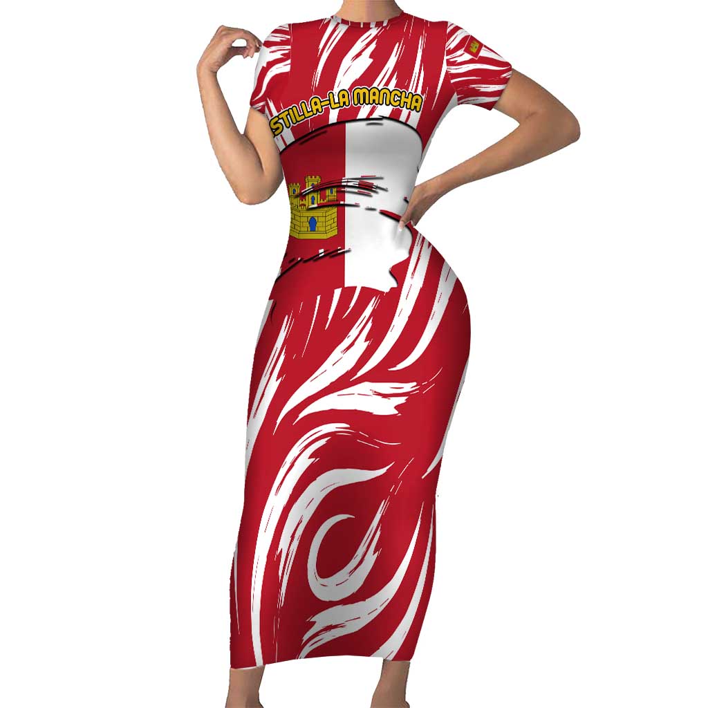 Castilla La Mancha Flag Short Sleeve Bodycon Dress Autonomous Community of Spain - Wonder Print Shop